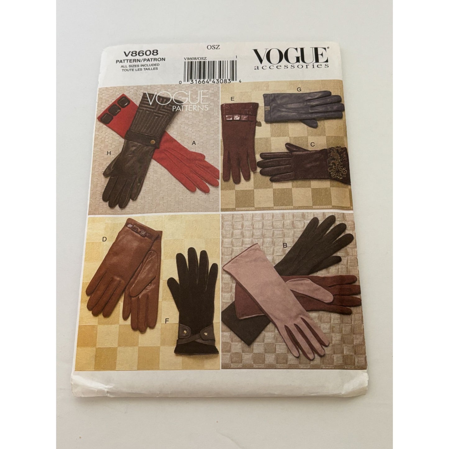 Vogue Sewing Pattern V8608 Accessories Gloves Unlined S M L Winter Driving Uncut