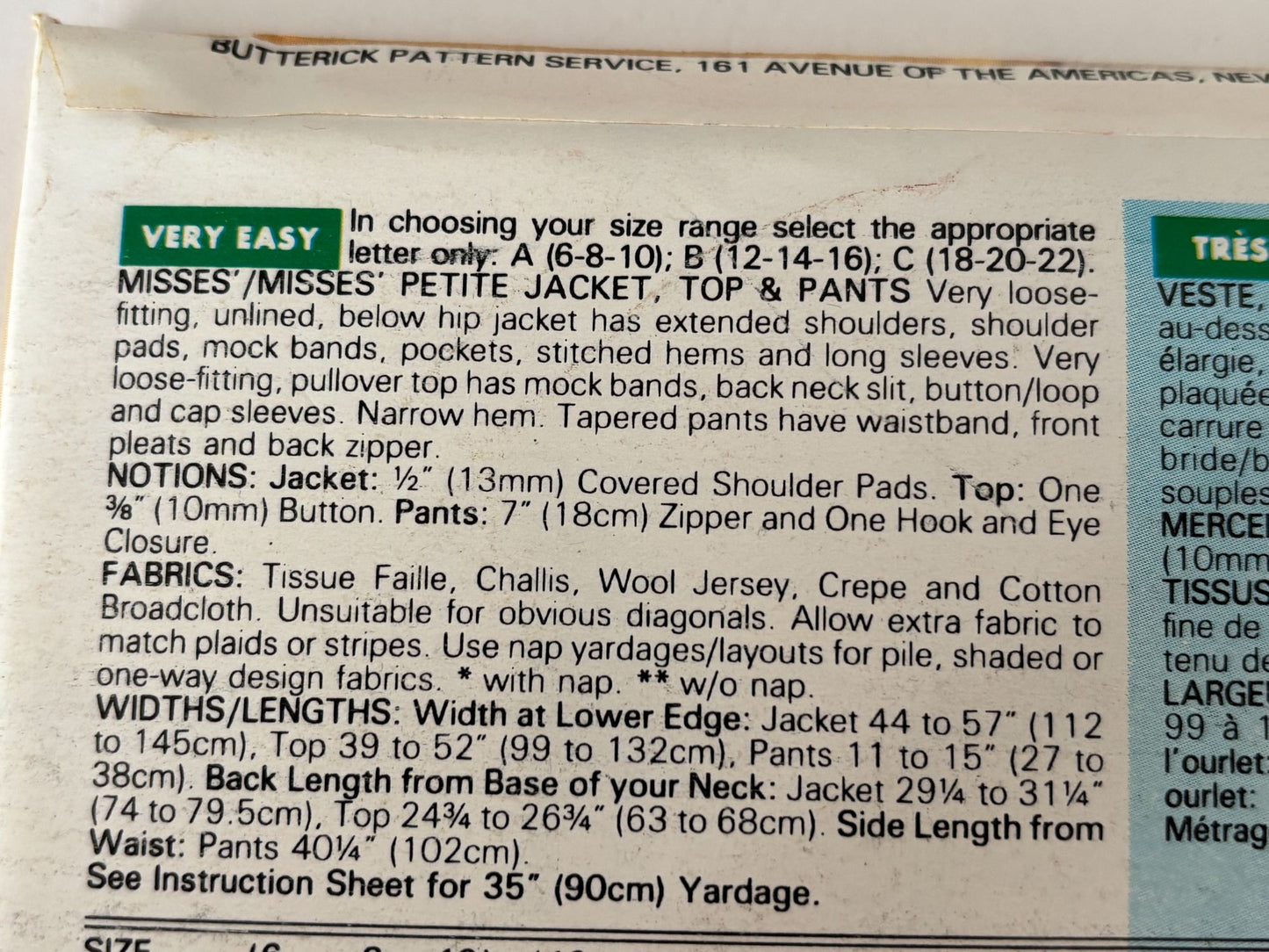 Butterick Sewing Pattern 6632 Jacket Top Pants Work Outfit Uncut