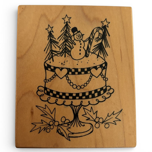 PSX Christmas Cake Rubber Stamp Snowman Holiday Dessert Baking Wood Mounted Craft