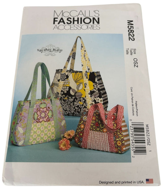 McCalls Fashion Accessories Sewing Pattern M5822 Bags Cotton S M L Kay Whitt UC