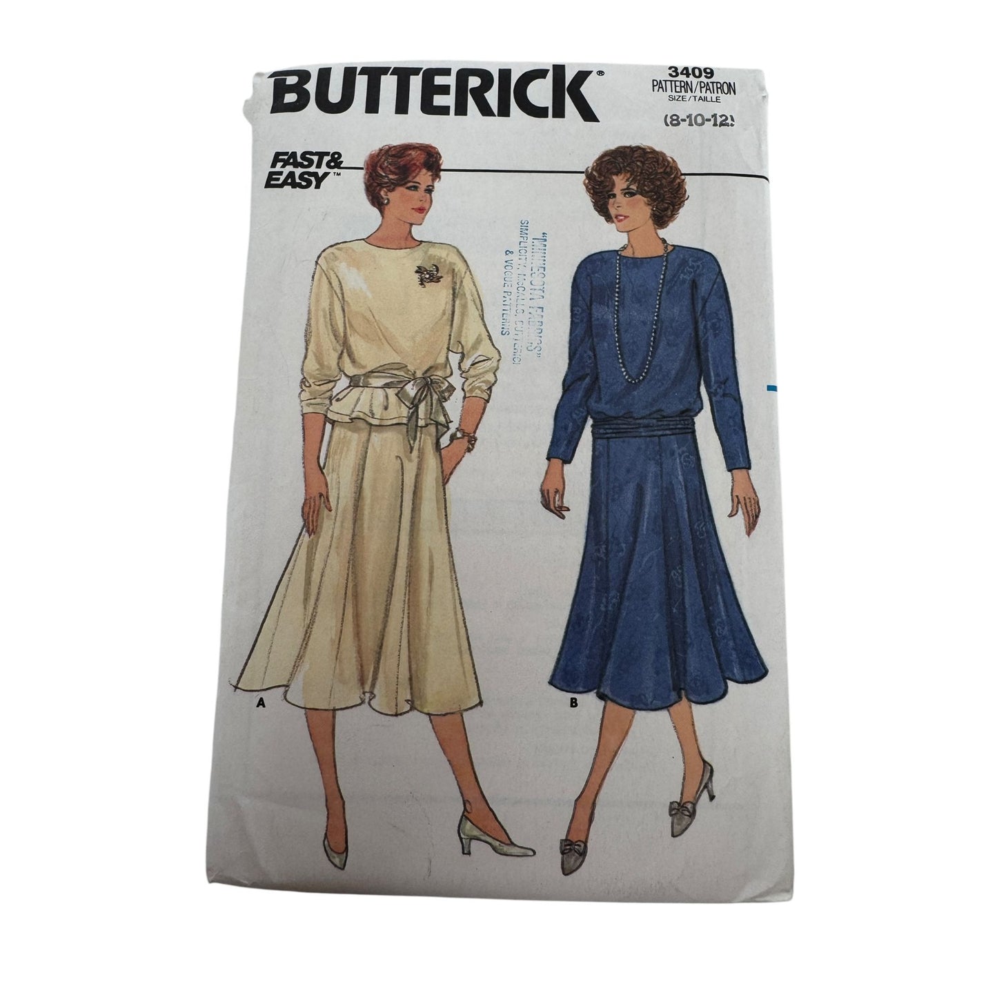 Butterick Sewing Pattern 3409 Vintage 80s Work Top Skirt Belt Outfit 8 10 12 UC