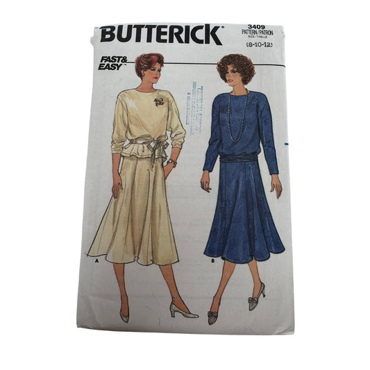 Butterick Sewing Pattern 3409 Vintage 80s Work Top Skirt Belt Outfit 8 10 12 UC