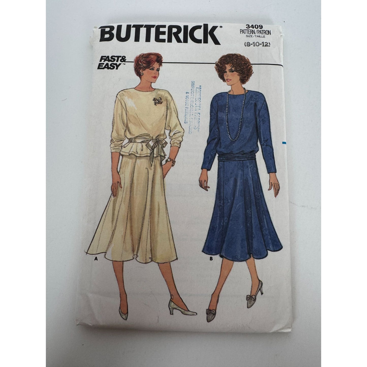 Butterick Sewing Pattern 3409 Vintage 80s Work Top Skirt Belt Outfit 8 10 12 UC