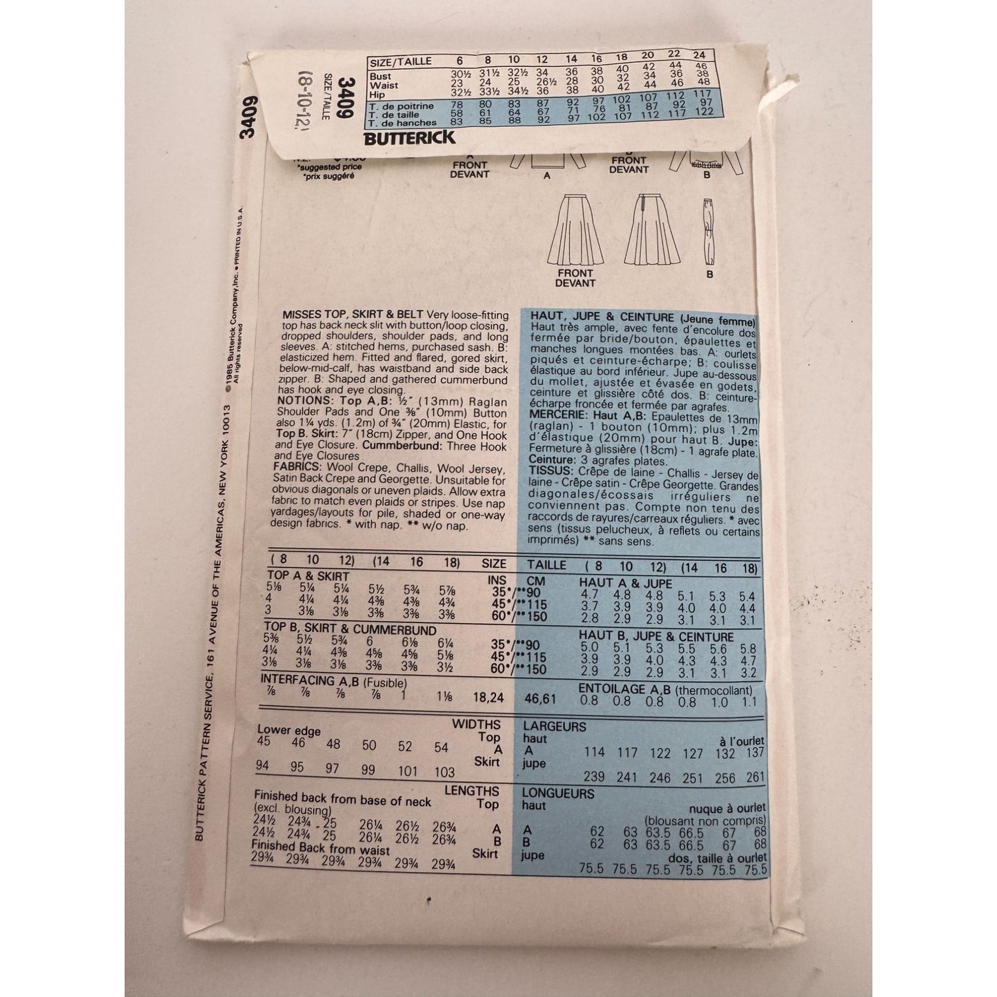 Butterick Sewing Pattern 3409 Vintage 80s Work Top Skirt Belt Outfit 8 10 12 UC