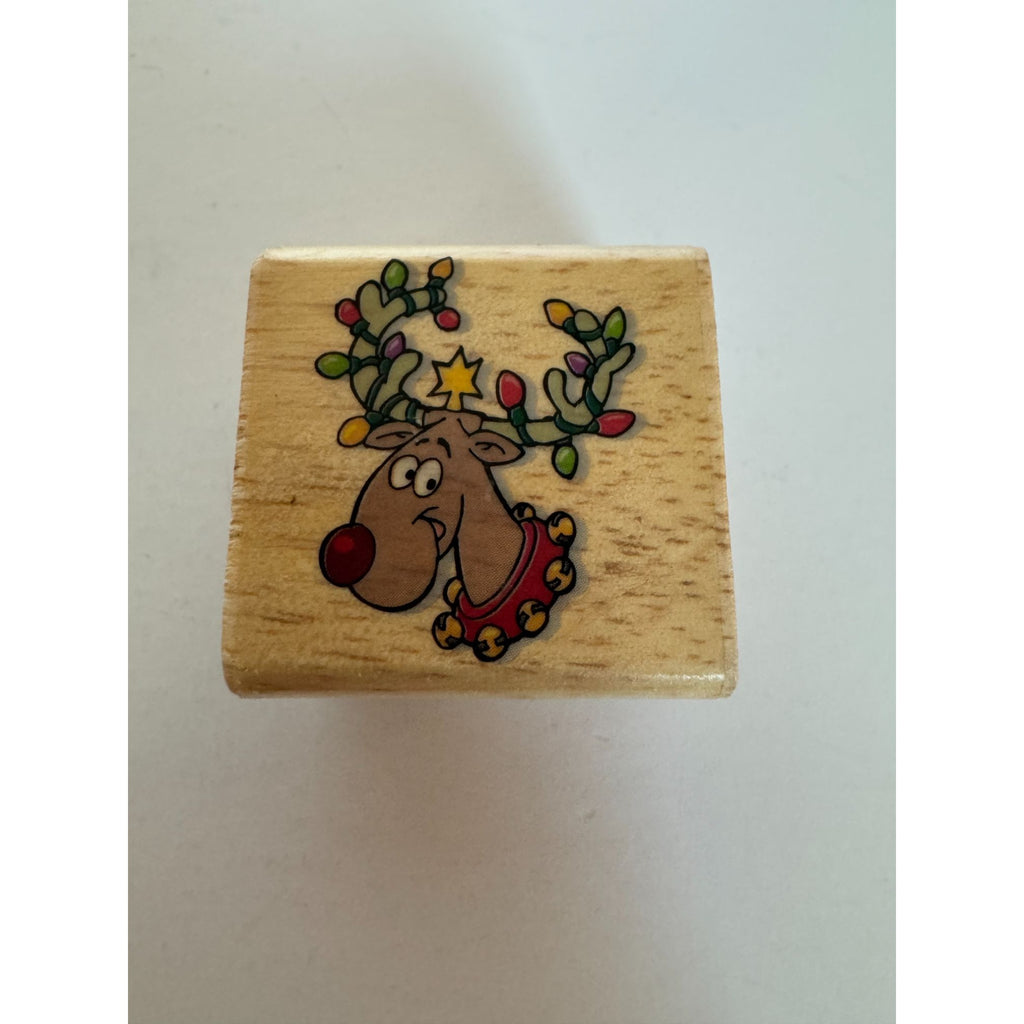 Reindeer Rubber Stamp Christmas Festive Lights Bells Small Holiday Card Making