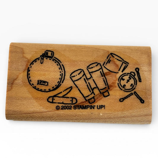 Stampin Up Rubber Stamp Scouting Tools Camping Canteen Compass Survival Wooden