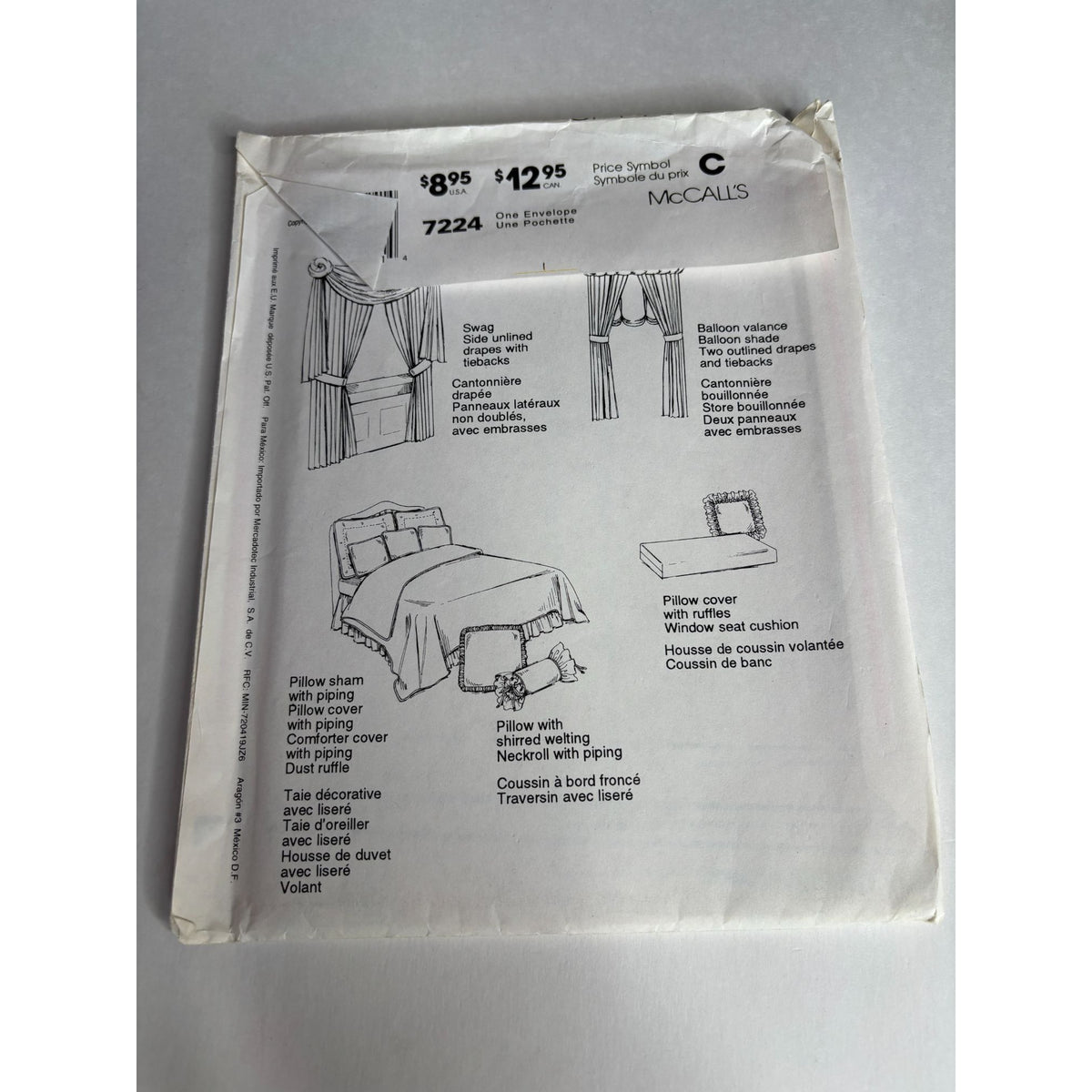 McCalls Sewing Pattern 7224 Home Decorating Swag Side Drapes Bedroom Pillow UC