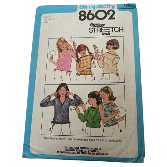 Simplicity Sewing Pattern 8602 Girls Pullover Tops Shirts Vintage 1970s 8-12 UC