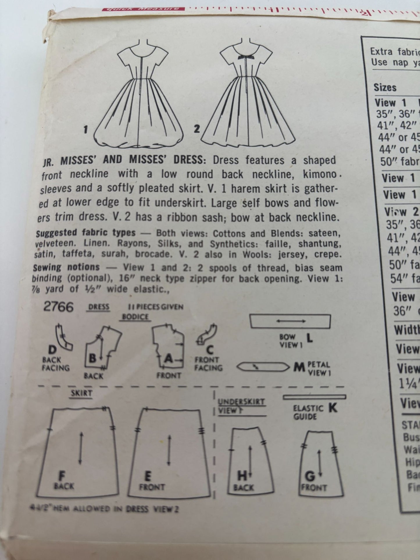 Simplicity Vintage Sewing Pattern 2766 Prom Dress Formal Dance 12 Bust 32 1950s