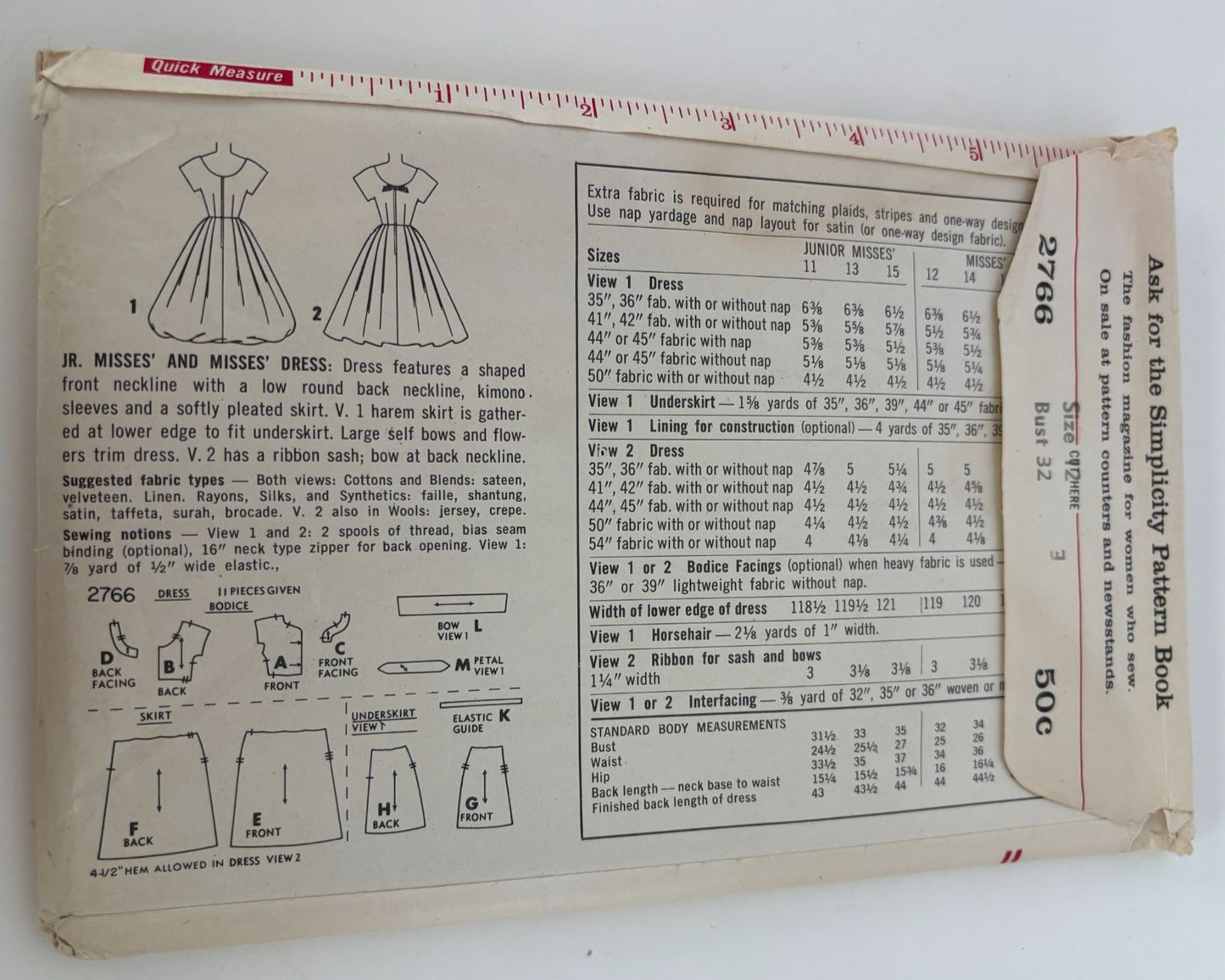 Simplicity Vintage Sewing Pattern 2766 Prom Dress Formal Dance 12 Bust 32 1950s