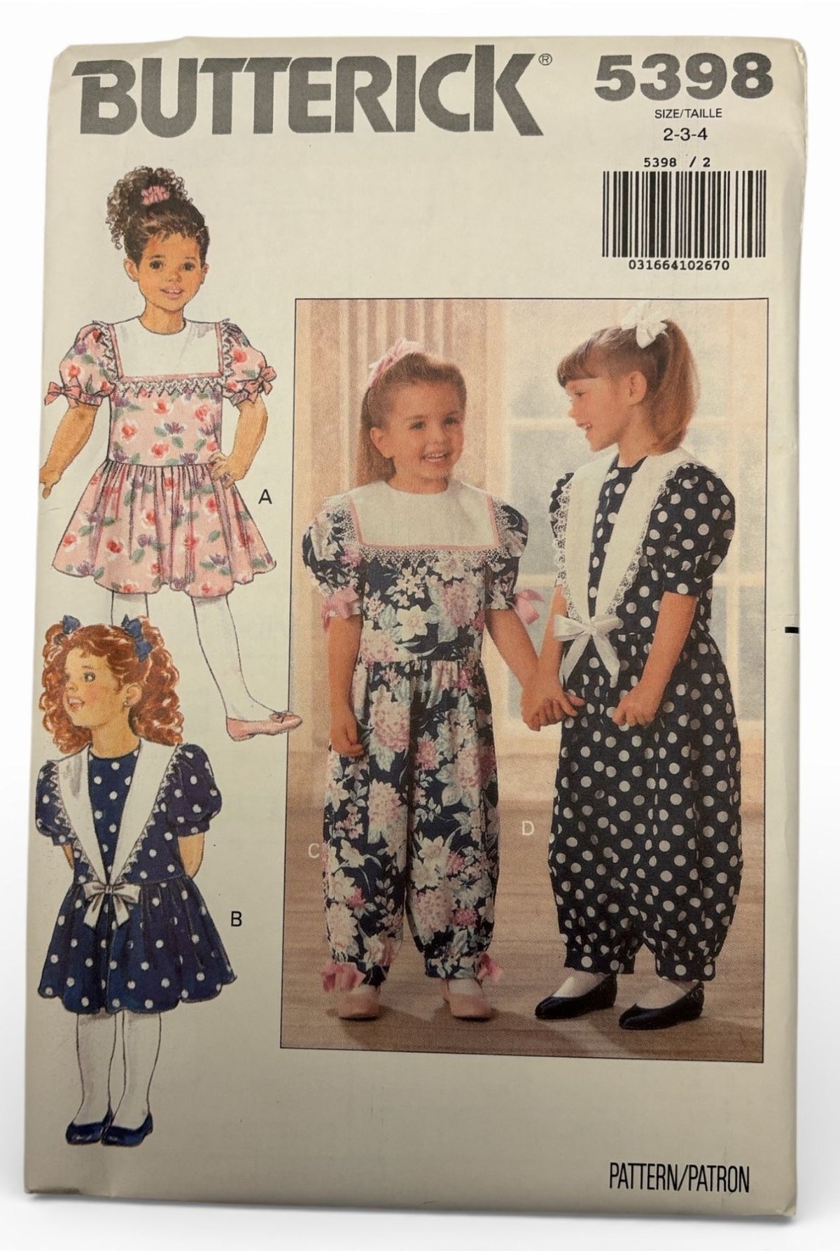 Butterick Sewing Pattern 5398 Romper Dress Jumpsuit Toddler Girls 2 3 4 1990s UC
