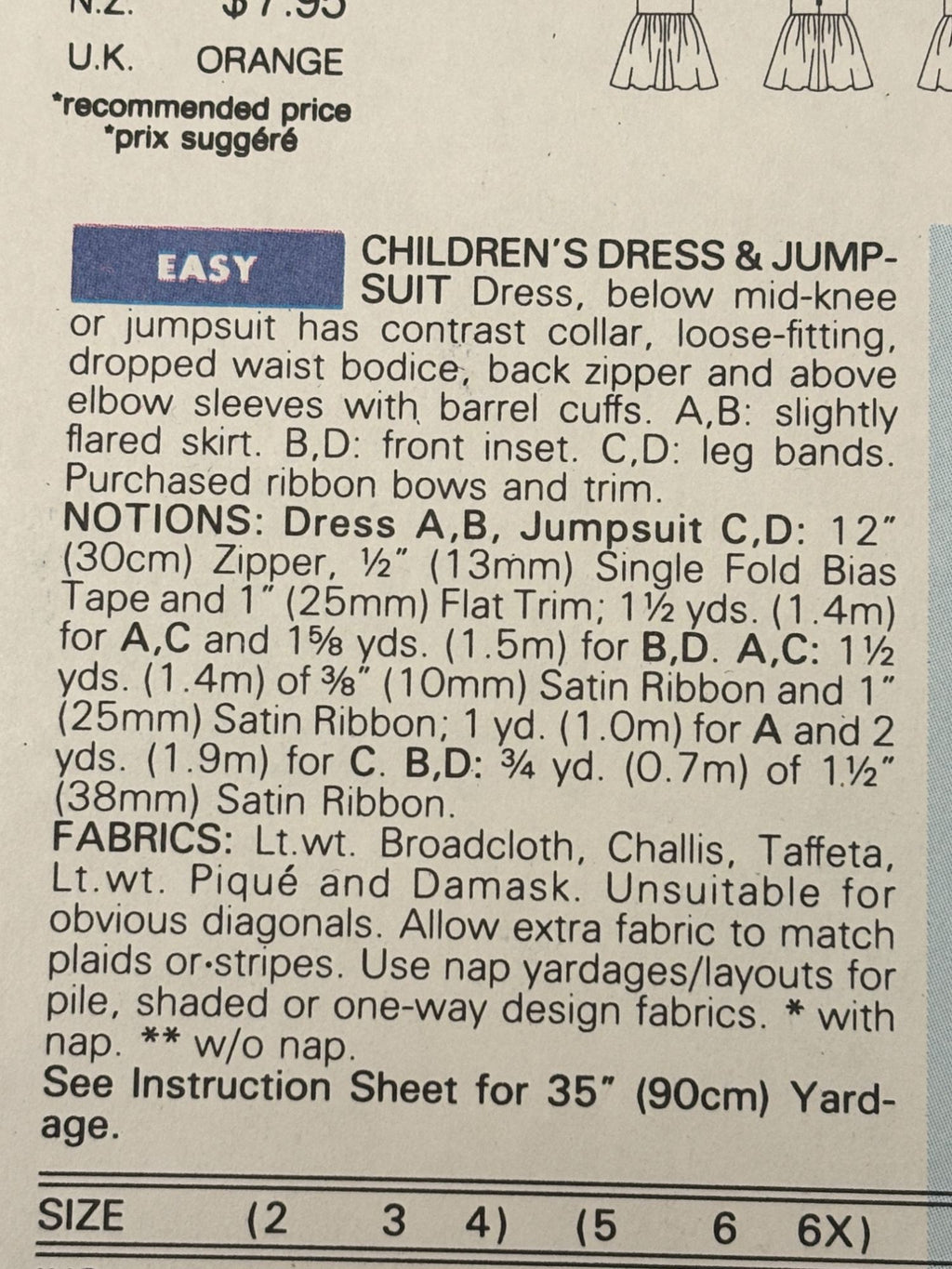 Butterick Sewing Pattern 5398 Romper Dress Jumpsuit Toddler Girls 2 3 4 1990s UC