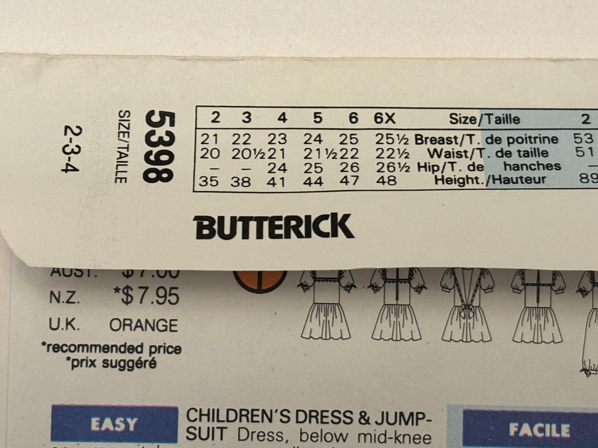 Butterick Sewing Pattern 5398 Romper Dress Jumpsuit Toddler Girls 2 3 4 1990s UC