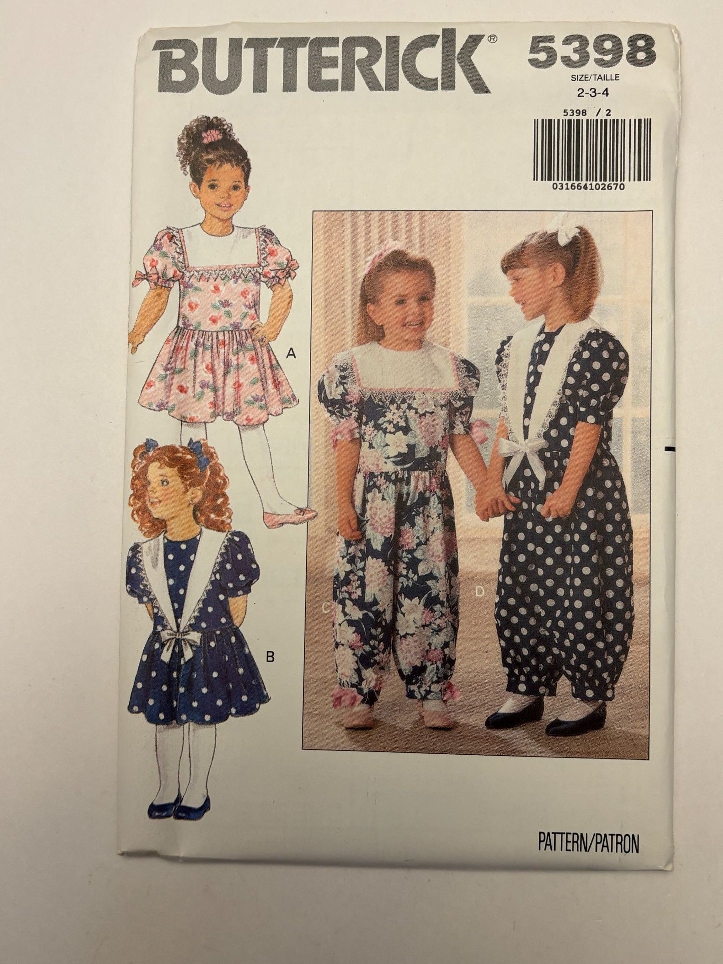 Butterick Sewing Pattern 5398 Romper Dress Jumpsuit Toddler Girls 2 3 4 1990s UC