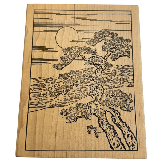 Beeswax Rubber Stamp Japanese Bonsai Tree Asian Sunset Rising Sun Moon Large Big