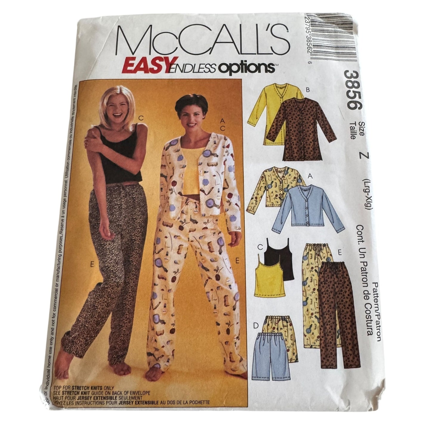 McCalls Sewing Pattern 3856 Pajamas Top Camisole Shorts Pants Easy L XL 16-22 UC