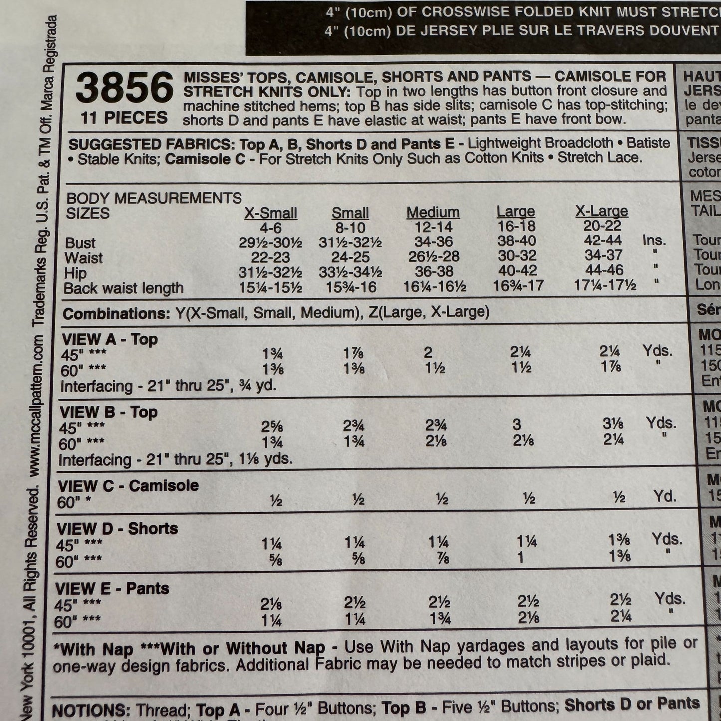 McCalls Sewing Pattern 3856 Pajamas Top Camisole Shorts Pants Easy L XL 16-22 UC