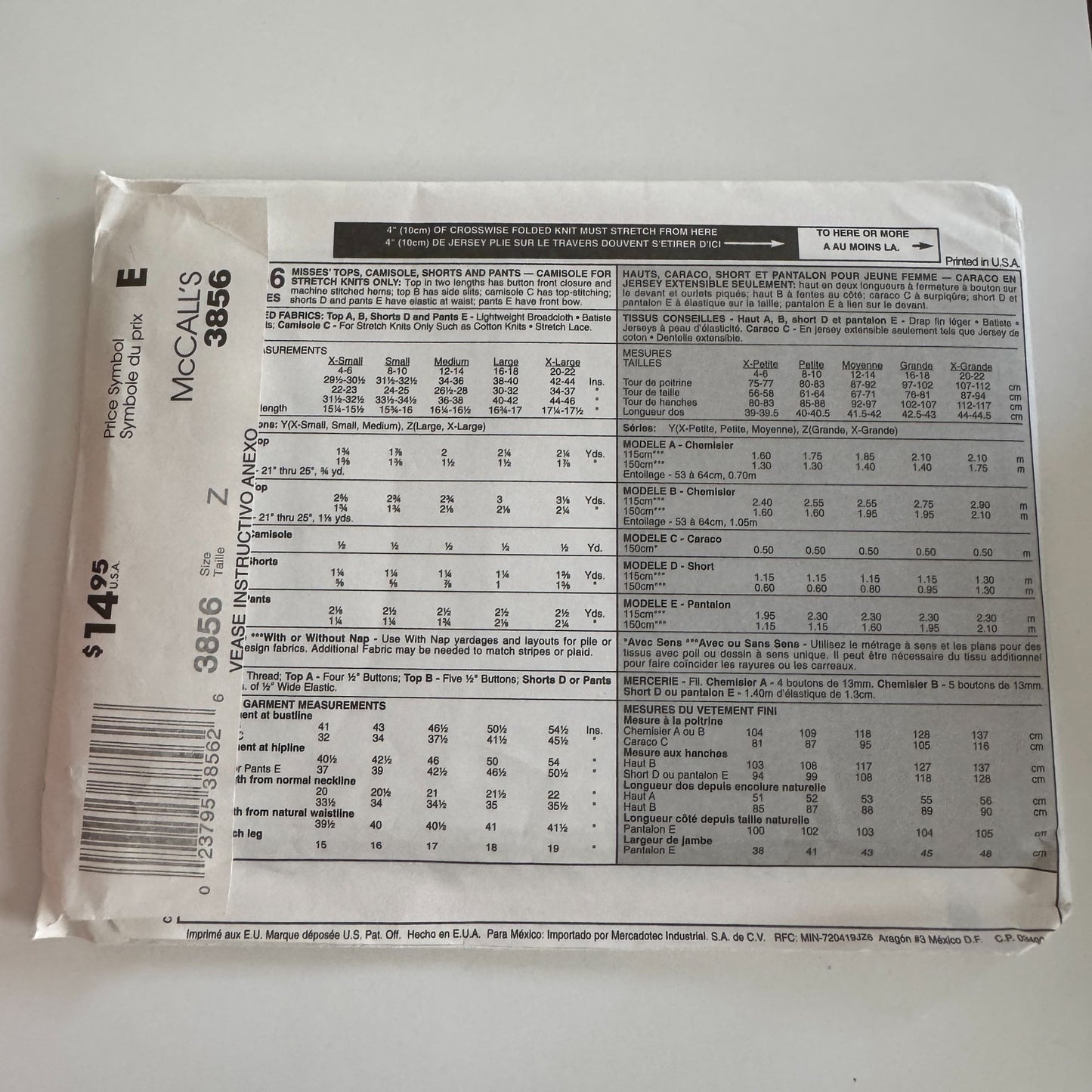 McCalls Sewing Pattern 3856 Pajamas Top Camisole Shorts Pants Easy L XL 16-22 UC