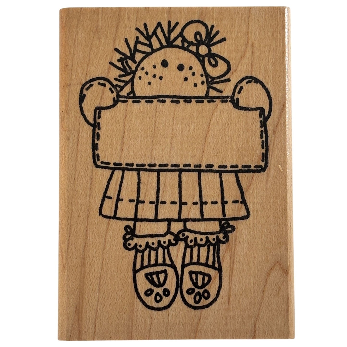 Azadi Earles Rubber Stamp Country Girl Doll Holding Sign Label Frame Folk Art Cardmaking