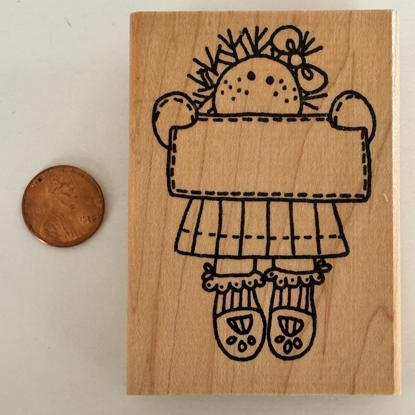 Azadi Earles Rubber Stamp Country Girl Doll Holding Sign Label Frame Folk Art Cardmaking