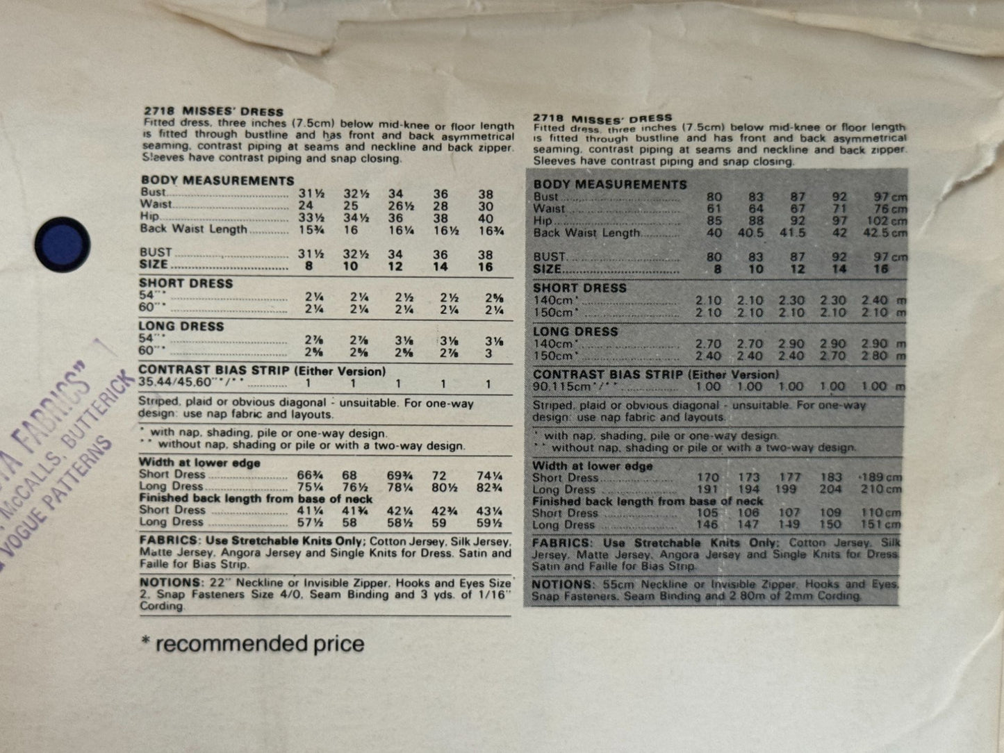 Vogue Sewing Pattern 2718 Belinda Bellville Dress Size 12 International Designer