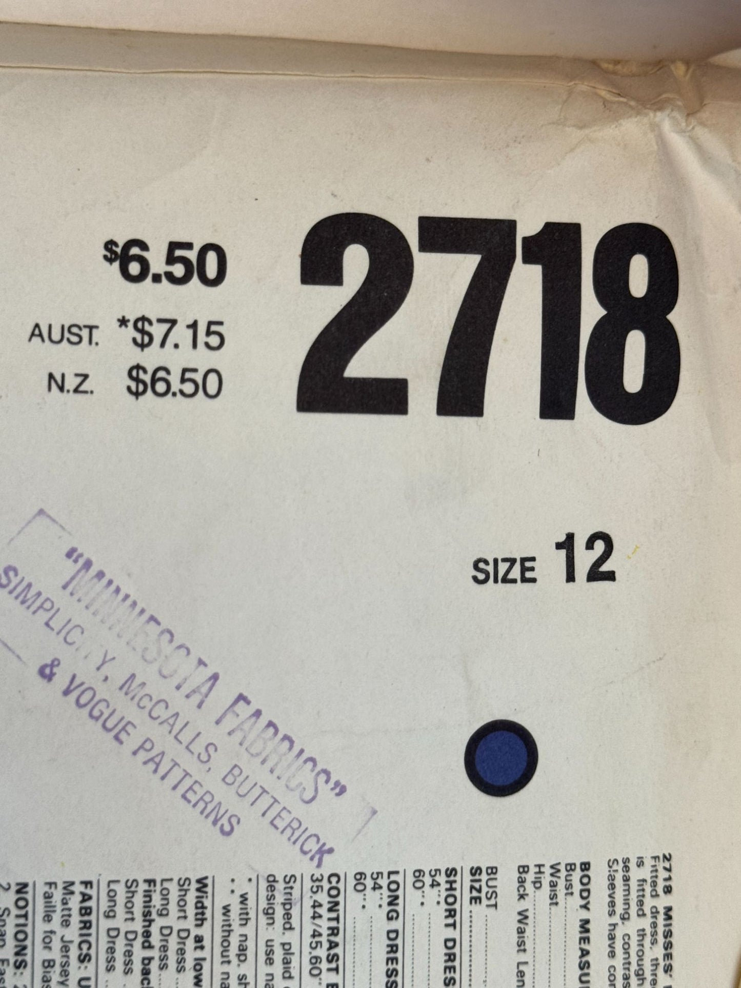 Vogue Sewing Pattern 2718 Belinda Bellville Dress Size 12 International Designer