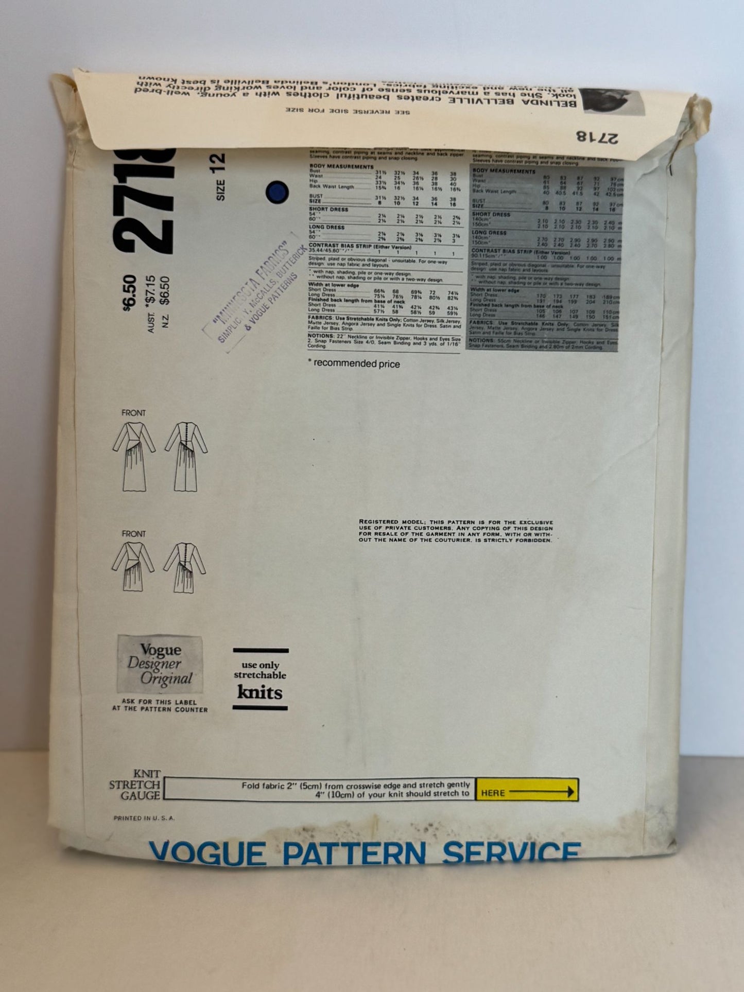 Vogue Sewing Pattern 2718 Belinda Bellville Dress Size 12 International Designer