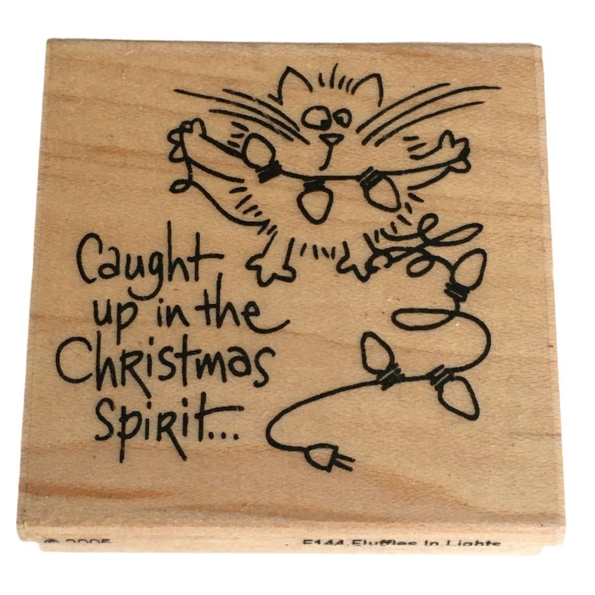 Stampendous Rubber Stamp Fluffles in Lights Cat Caught in Christmas Spirit F144