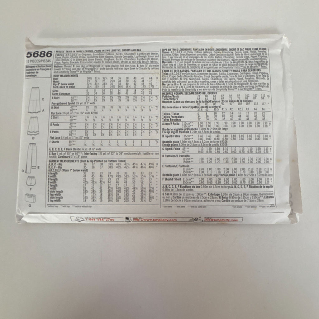 Simplicity Sewing Pattern 5686: Misses' Skirt, Pants, Shorts and Bag