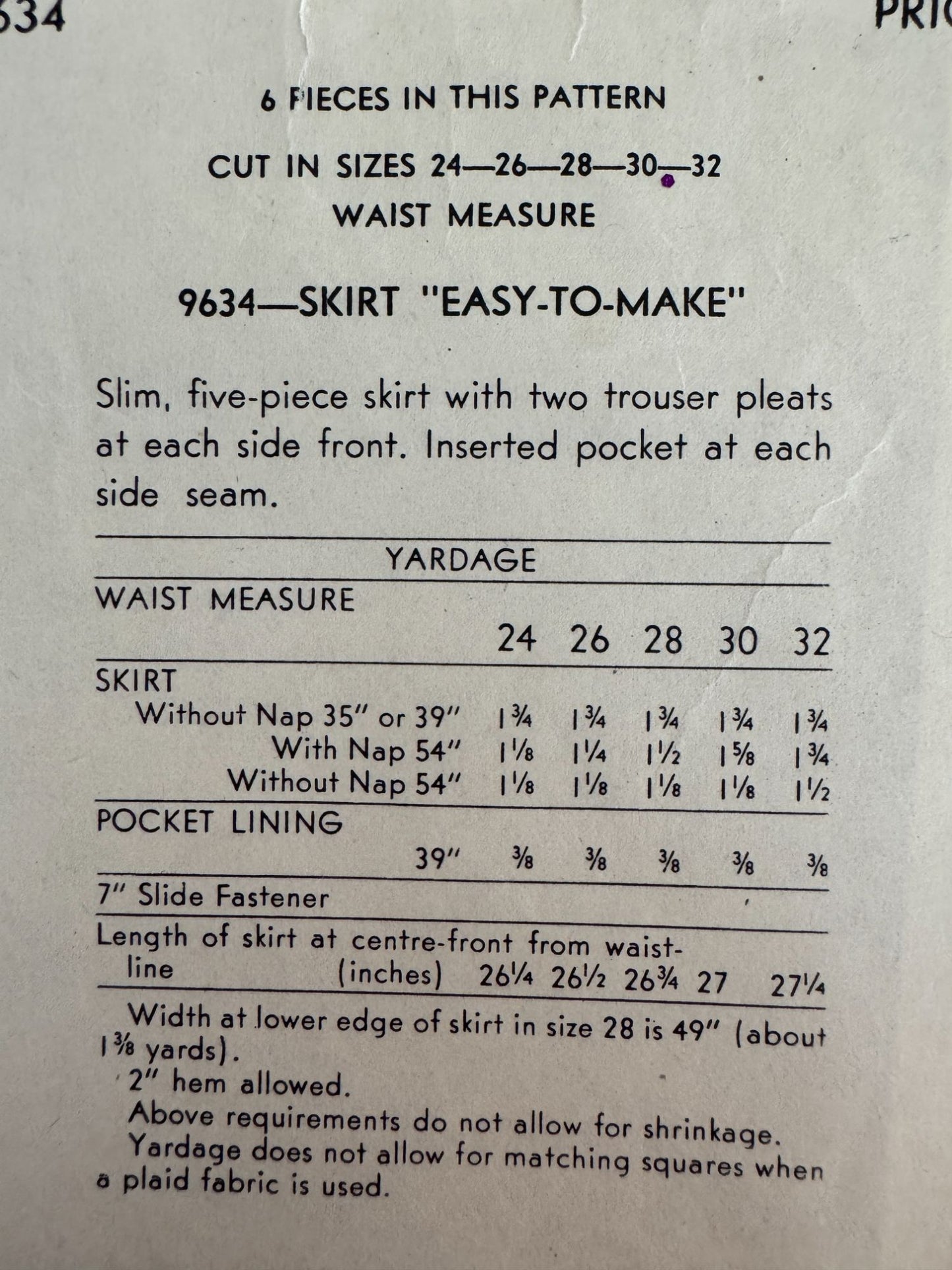 Vogue Sewing Pattern 9634 5-Piece Skirt Vintage 1940s Easy Waist 24 WWII Era 40s