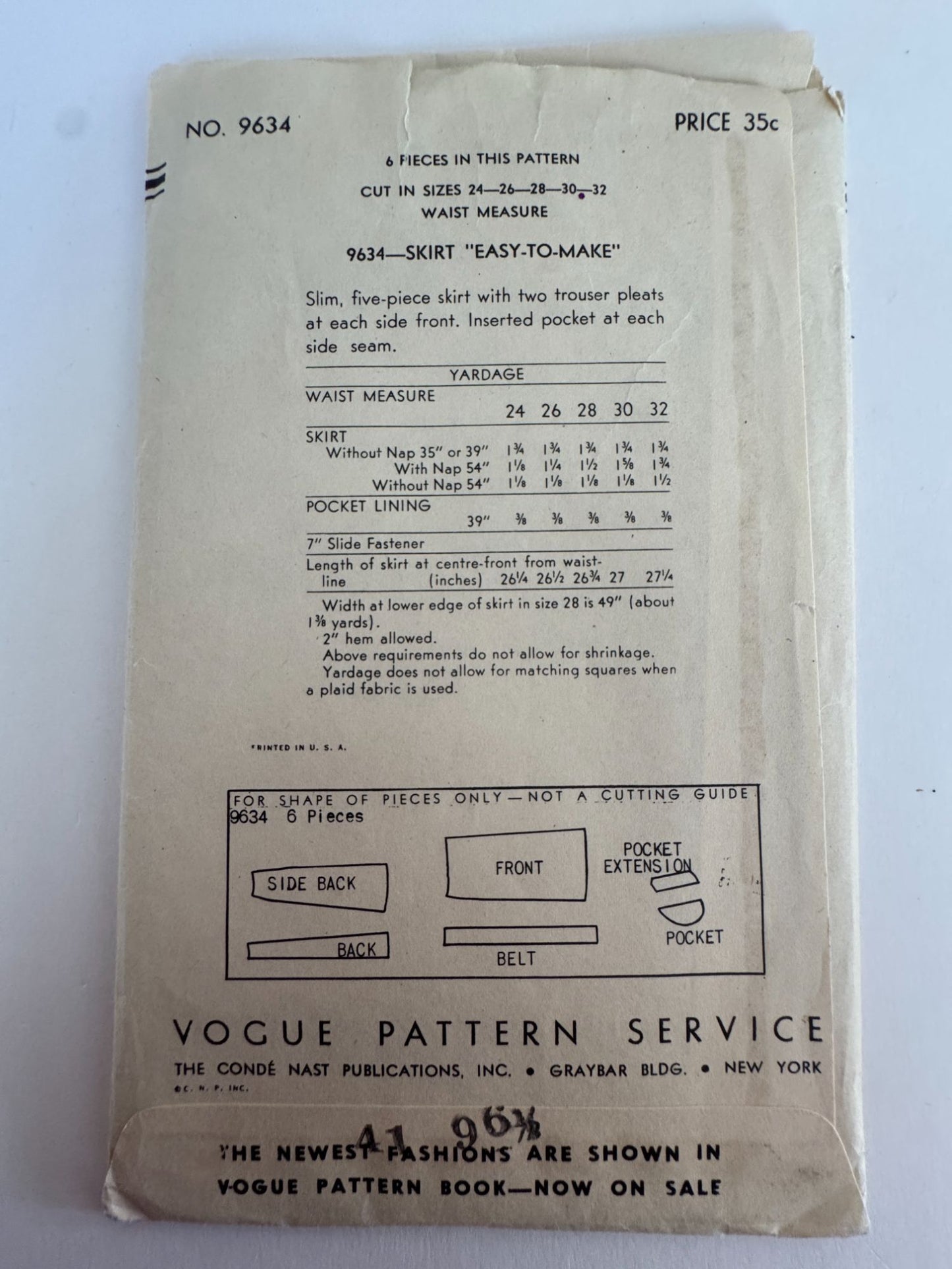 Vogue Sewing Pattern 9634 5-Piece Skirt Vintage 1940s Easy Waist 24 WWII Era 40s