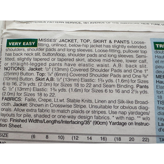 Butterick Sewing Pattern 4305  Jacket Top Skirt Pants 12 14 16 Classics 1990s UC