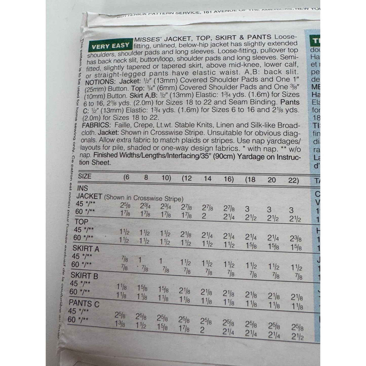 Butterick Sewing Pattern 4305  Jacket Top Skirt Pants 12 14 16 Classics 1990s UC
