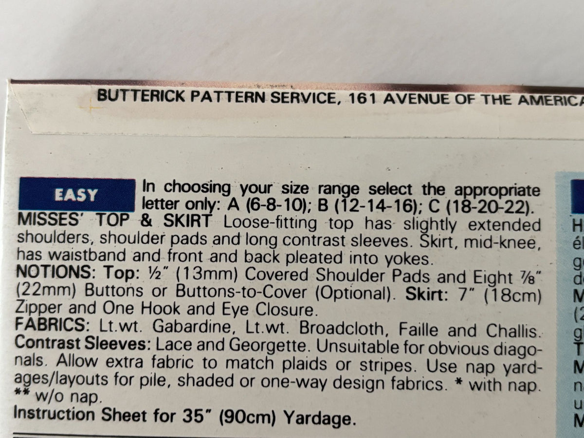 Butterick Sewing Pattern 6451 90s Top Skirt Pattern Lace Sleeve Suit Set 6-10 UC