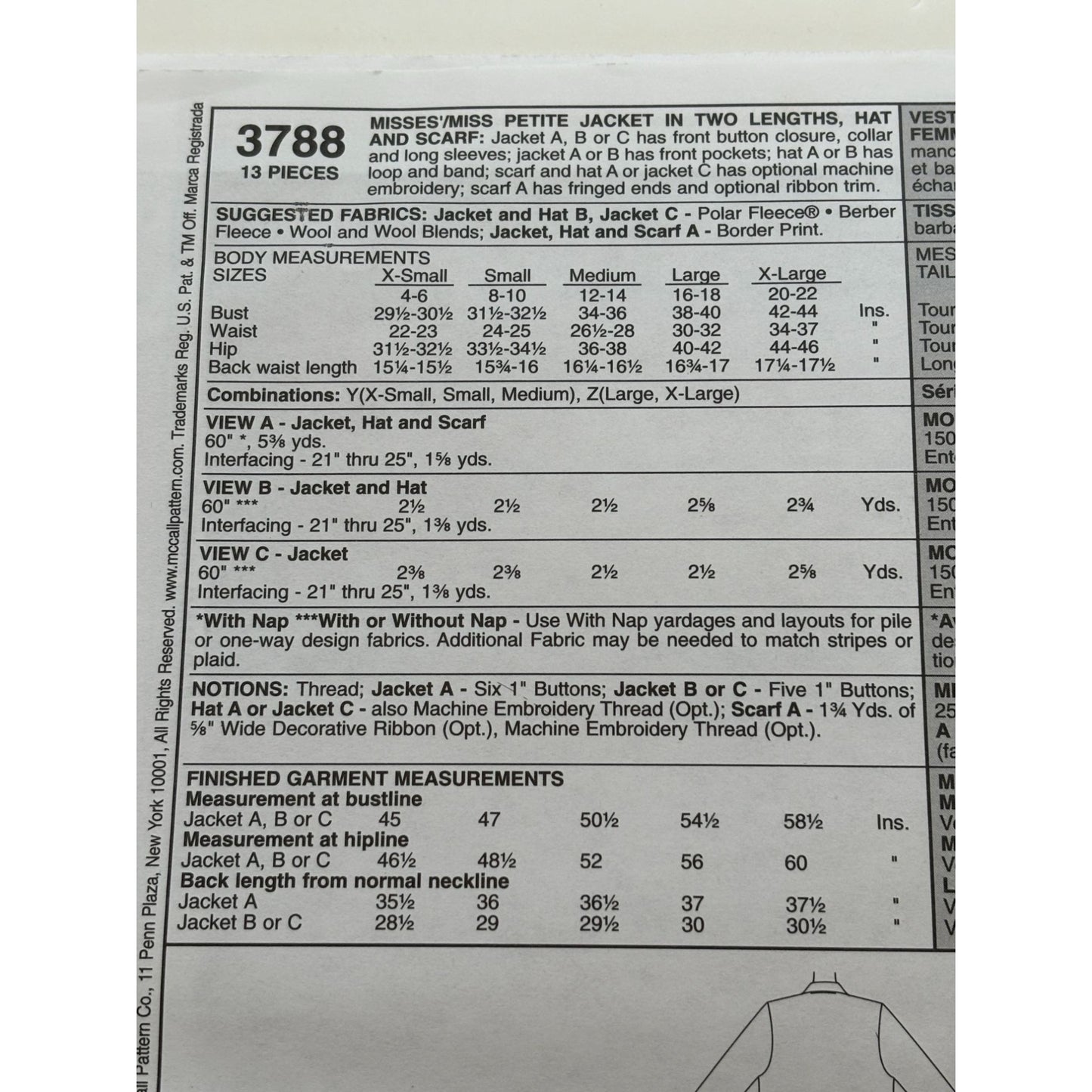 McCalls Sewing Pattern 3788 Winter Fleece Jackets Hats Scarf Misses XS S M 4-14