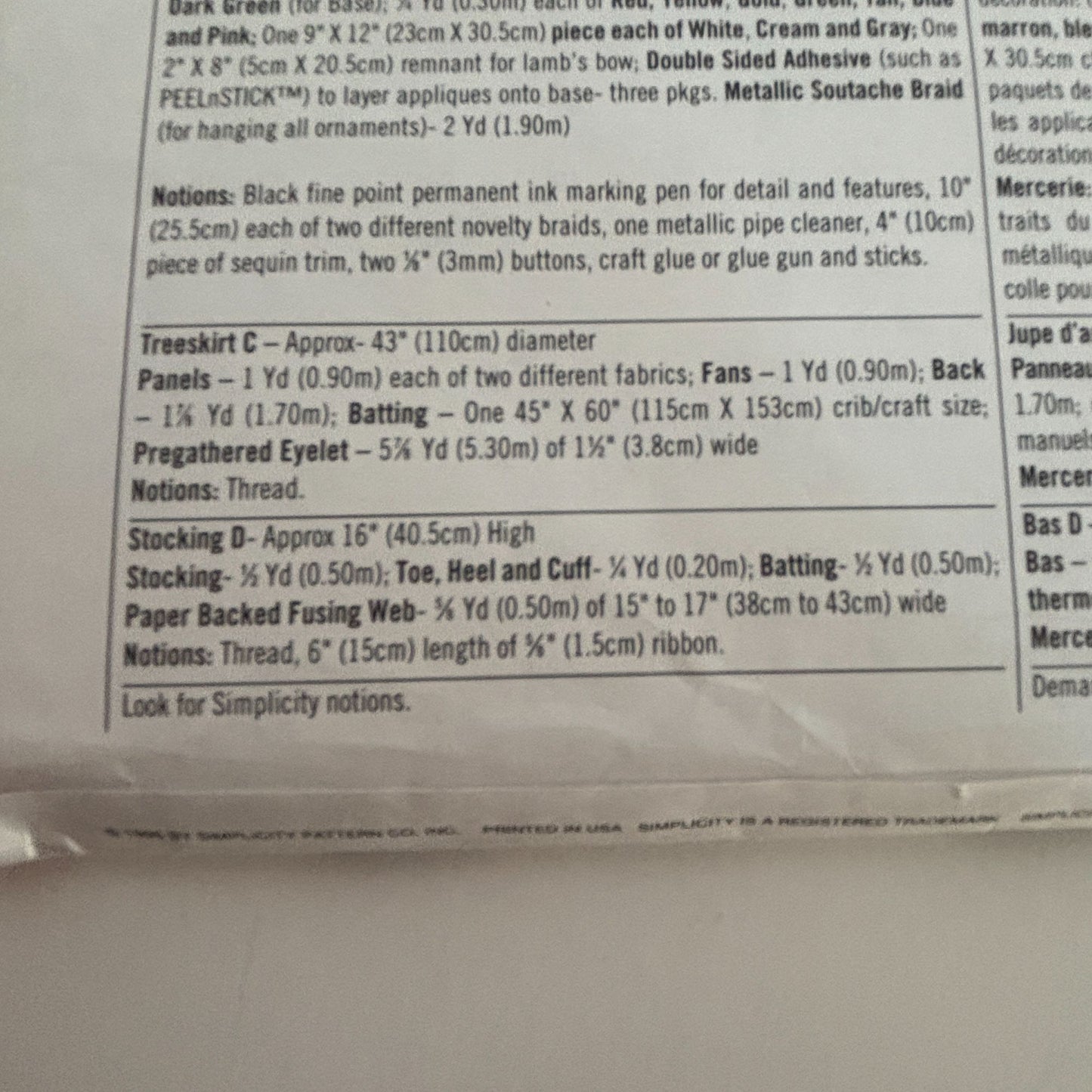 Simplicity Sewing Pattern 7421 Holiday Ornament Christmas Tree Skirt Stocking UC