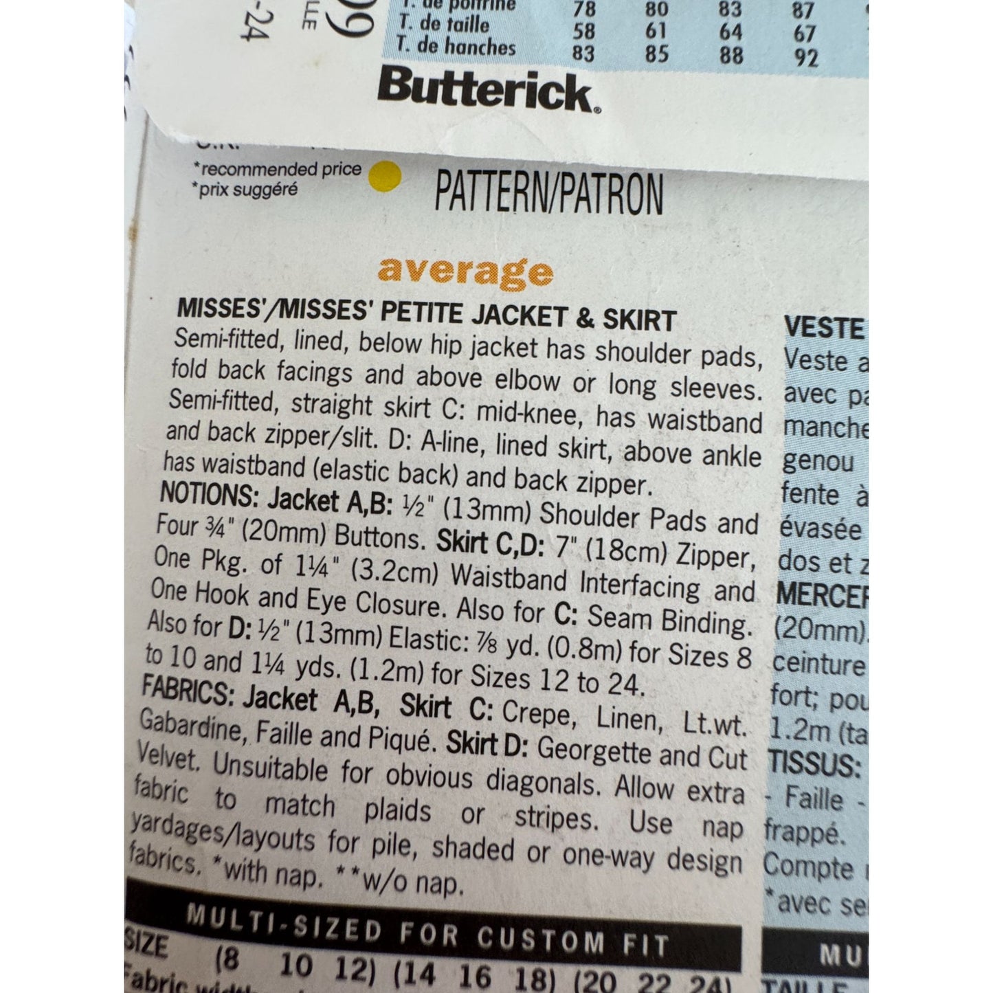 Vtg 90s Jacket Skirt Suit Sewing Pattern Butterick 5999 Officewear 20-24 UC