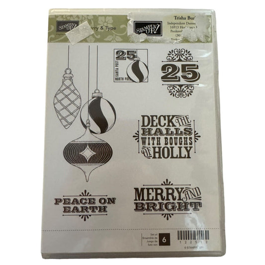 Stampin Up Clear Mount Rubber Stamp Set Christmas Merry and Type Ornaments Peace