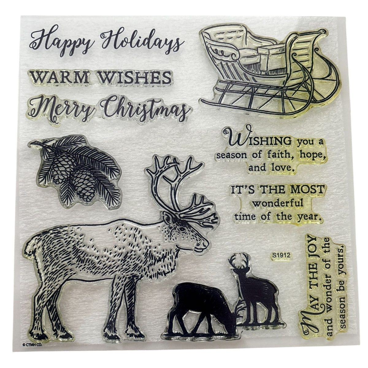 CTMH Acrylic Stamps Set Reindeer Crossing Merry Christmas Cardmaking Words S1912 Pinecones Sleigh