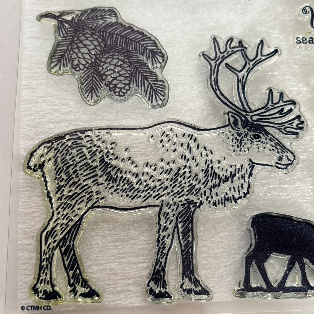 CTMH Acrylic Stamps Set Reindeer Crossing Merry Christmas Cardmaking Words S1912 Pinecones Sleigh