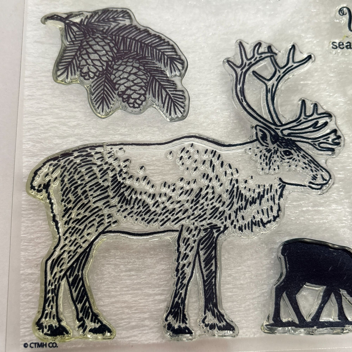 CTMH Acrylic Stamps Set Reindeer Crossing Merry Christmas Cardmaking Words S1912 Pinecones Sleigh