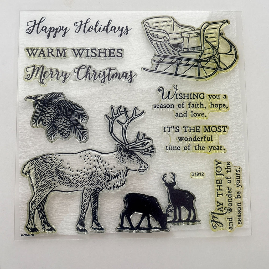 CTMH Acrylic Stamps Set Reindeer Crossing Merry Christmas Cardmaking Words S1912 Pinecones Sleigh