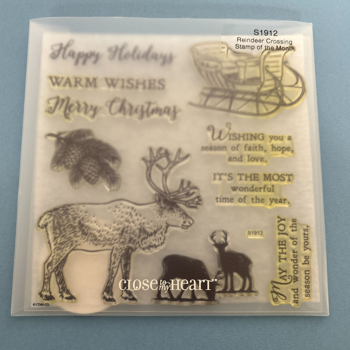 CTMH Acrylic Stamps Set Reindeer Crossing Merry Christmas Cardmaking Words S1912 Pinecones Sleigh