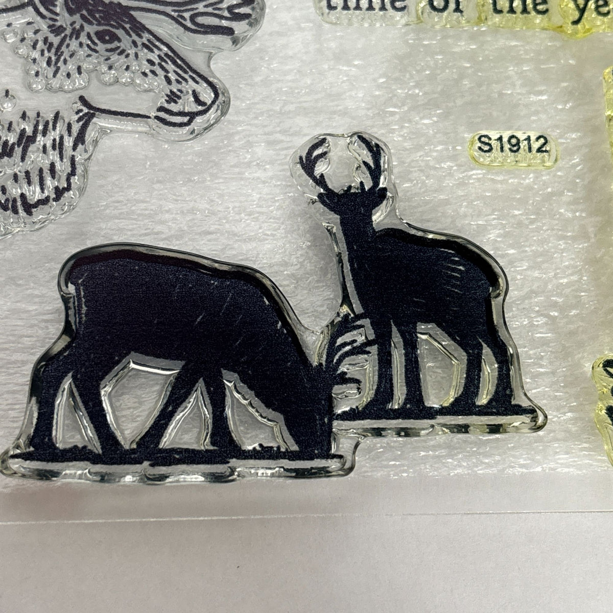 CTMH Acrylic Stamps Set Reindeer Crossing Merry Christmas Cardmaking Words S1912 Pinecones Sleigh