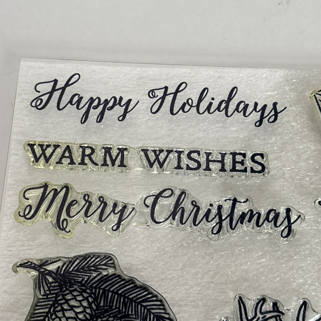 CTMH Acrylic Stamps Set Reindeer Crossing Merry Christmas Cardmaking Words S1912 Pinecones Sleigh