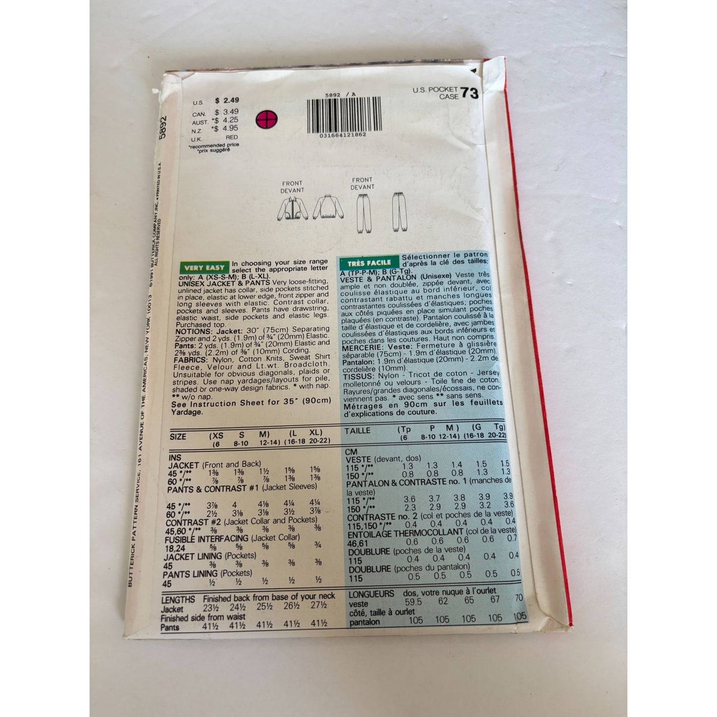 Butterick Sewing Pattern 5892 Athletic Jacket Pants Uncut Workout Casual 6-14 UC