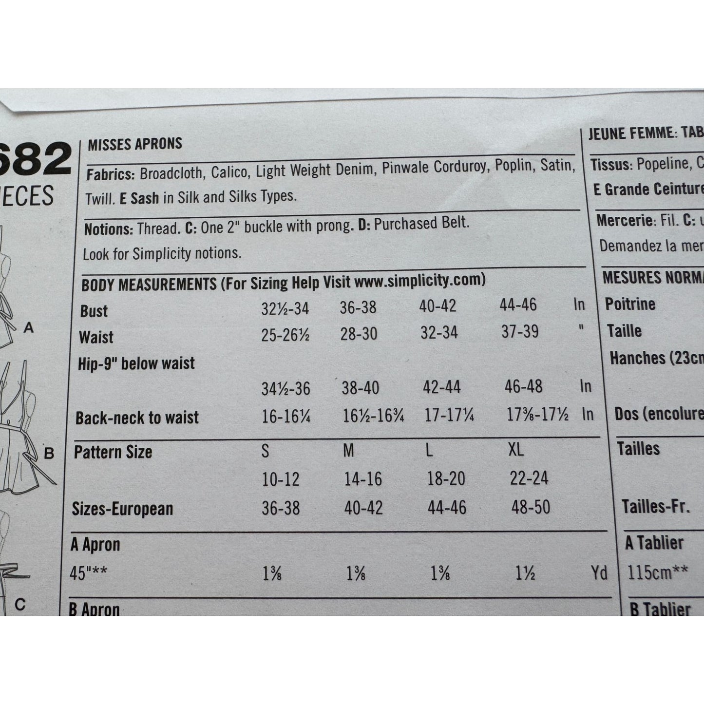 Simplicity Sewing Pattern 2682 Aprons Go Green Recycled Jeans Denim S M L XL UC