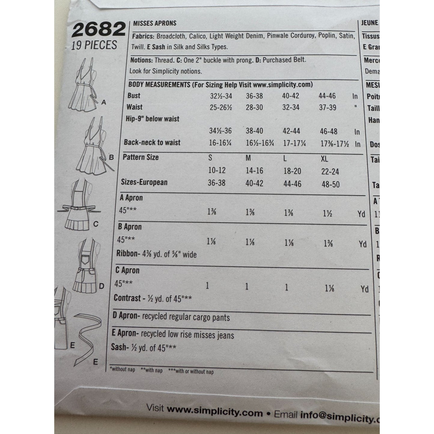 Simplicity Sewing Pattern 2682 Aprons Go Green Recycled Jeans Denim S M L XL UC