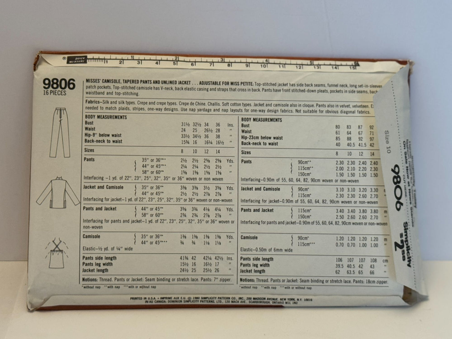 Simplicity  Sewing Pattern 9806 Jacket Tapered Pants Camisole Outfit 10 UC 1980s