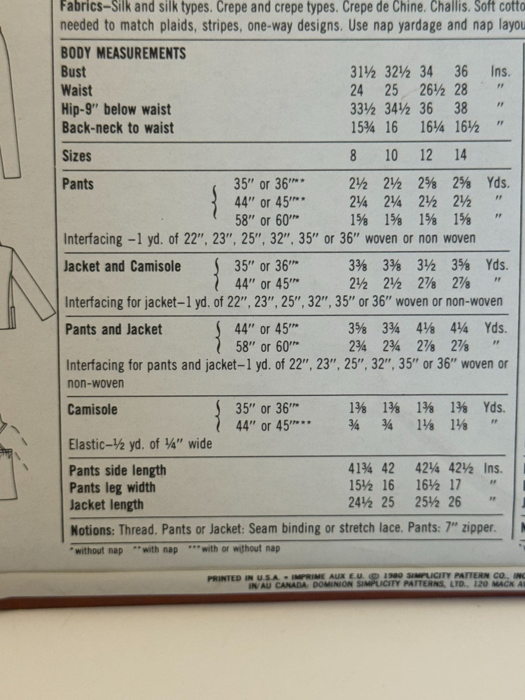 Simplicity  Sewing Pattern 9806 Jacket Tapered Pants Camisole Outfit 10 UC 1980s